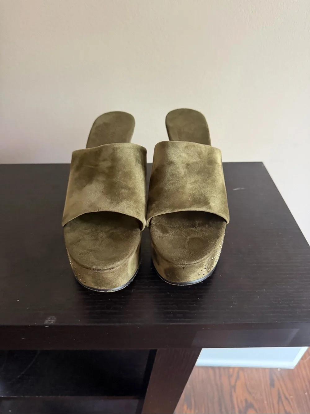 New York Transit Olive Suede Wedge Slide Sandals